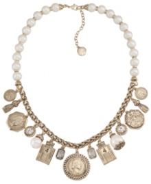 Antique appeal. Carolee's traditional and tasteful necklace combines vintage-themed coin charms with glass pearls and trendy tassels. Crafted in gold-plated mixed metal. Approximate length: 18 inches + 2-inch extender. Approximate drop: 1-1/4 inches.