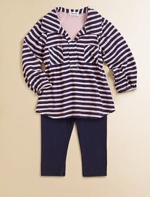 An instant outfit with a cool, wide collar, bold stripes and comfy matching leggings. Top Point collarV-neckLong sleeves with elasticized cuffsPatch chest pocketsContrast back panelCurved hem Leggings Pull-on style50% modal/48% supima cotton/2% spandexMachine washImported An instant outfit with a cool, wide collar, bold stripes and comfy matching leggings. Top Point collarV-neckLong sleeves with elasticized cuffsPatch chest pocketsContrast back panelCurved hem Leggings Pull-on style50% modal/48% supima cotton/2% spandexMachine washImported