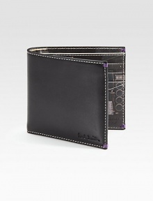Topstitched leather with a fun, photo printed interior.One billfold compartmentEight credit card slotsLeather4¼W X 3½HMade in Italy Topstitched leather with a fun, photo printed interior.One billfold compartmentEight credit card slotsLeather4¼W X 3½HMade in Italy
