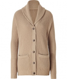 Anything but frumpy, this classic shawl cardigan is rendered in a luxe cashmere and merino blend - Shawl collar, long sleeves, front button placket, patch pockets, long body - Pair with leather leggings, skinny jeans, or a pencil skirt