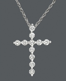 Give the ultimate gift of faith, with some serious sparkle. This cross pendant features certified near colorless round-cut diamond (1/2 ct. t.w.) in a shining 14k white gold setting. Approximate length: 18 inches. Approximate drop: 3/4 inch. Give the ultimate gift of faith, with some serious sparkle. This cross pendant features certified near colorless round-cut diamond (1/2 ct. t.w.) in a shining 14k white gold setting. Approximate length: 18 inches. Approximate drop: 3/4 inch.
