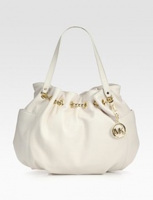 Ornate goldtone chain hardware glides through this slouchy silhouette of rich pebbled leather. Double leather top handles, 8 dropMagnetic snap closureTwo outside open pocketsOne inside zip pocketFour inside open pocketsLogo-printed lining10½W X 12H X 3DImported Ornate goldtone chain hardware glides through this slouchy silhouette of rich pebbled leather. Double leather top handles, 8 dropMagnetic snap closureTwo outside open pocketsOne inside zip pocketFour inside open pocketsLogo-printed lining10½W X 12H X 3DImported