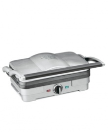 All the power in less the size! The compact griddler features reversible plates that let you do it all, pressing paninis, scrambling eggs and grilling up burgers. The removable dishwasher-safe nonstick plates make for quick storage and effortlessly drain grease for a simplified, healthy meal. 3-year limited warranty. Model GR-35. All the power in less the size! The compact griddler features reversible plates that let you do it all, pressing paninis, scrambling eggs and grilling up burgers. The removable dishwasher-safe nonstick plates make for quick storage and effortlessly drain grease for a simplified, healthy meal. 3-year limited warranty. Model GR-35.