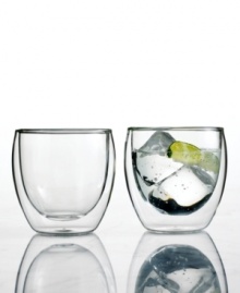 Keep hot drinks hot and cold drinks cold with these innovative drinking glasses. Cleverly crafted in a unique borosilicate glass with a double layer of insulation to reduce heat transfer in or out of the glass. The glass never sweats, ice doesn't deplete and coasters are a thing of the past! Keep hot drinks hot and cold drinks cold with these innovative drinking glasses. Cleverly crafted in a unique borosilicate glass with a double layer of insulation to reduce heat transfer in or out of the glass. The glass never sweats, ice doesn't deplete and coasters are a thing of the past!