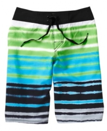 With a sporty striped pattern, these board shorts from Quiksilver are ready to hit the sand and surf. With a sporty striped pattern, these board shorts from Quiksilver are ready to hit the sand and surf.