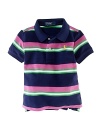 A classic short-sleeved polo shirt is updated in bold striped mesh.