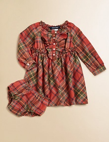 A festive plaid pattern graces this adorable button-front shirt dress, featuring a sweet ruffle trim and flared hem.Ruffled round necklineLong sleeves with barrel cuffsRuffled button-frontFlared hemCottonMachine washImported Please note: Number of buttons may vary depending on size ordered. 