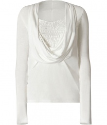 Luxurious top in fine ivory rayon - very comfortable and soft quality - elegant cowl neck with glamorous lace inlay - slim and figure hugging cut, slightly waist fitted - long slim sleeves - a dream top, sophisticated yet fashionable and sexy - a hit with pencil skirts or leather pants