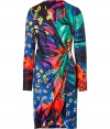 Bring bold style with this tropical print wrap dress from Salvatore Ferragamo - V-neck, wrap front, long sleeves, draped front detail, all-over multi-print - Style with platform sandals and a studded clutch