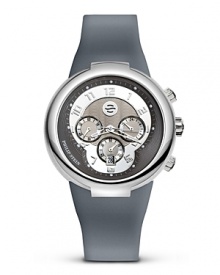 Philip Stein® active watch with grey silicone integrated strap and a thorn buckle closure. Grey date and second subdials. Features single movement, Arabic numbers and a polished crown.