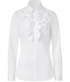 Stylish white flouncy top from Ermanno Scervino - Bring sophisticated polish to a day or night ensemble with this feminine blouse - Small collar, ruffle front detail, button front placket, tailored fit, rounded hem - Wear with slim trousers, a leather jacket, and classic pumps