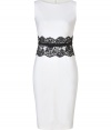 With its immaculate tailoring and delicate lace waist detail, Valentinos wool sheath is an elegant way to wear the brands iconic look - Round neckline, sleeveless, black lace band around the waist, hidden back zip, belted waistline, leather lined fabric bow belt, side belt loops, kick pleat - Tailored fit - Wear with platform sandals and an envelope clutch