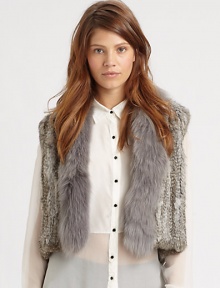 Layer up in an undeniably posh rabbit fur vest with a coyote fur shawl collar. Dyed coyote fur shawl collarSleevelessAbout 20 from shoulder to hemBody: Dyed rabbit fur; Contrast: Dyed coyote furDry clean with fur specialistMade in USARabbit fur origin: ChinaCoyote fur origin: USAModel shown is 5'10 (177cm) wearing US size Small.