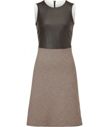 Upgrade your fall wardrobe with this elegant combo dress in dark brown leather and wool-cotton blend - Case-cut with small, round neckline and a sexy, sleeveless design - Skirt features a houndstooth pattern in an A-line cut - Luxurious mix of elegance and edge, this must-have dress looks best with ankle boots or stilettos