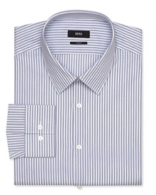 A decidedly dressy shirt courtesy of BOSS Black, the Julien is a crisp, slim-fit cotton shirt in narrow contrast stripes. A decidedly dressy shirt courtesy of BOSS Black, the Julien is a crisp, slim-fit cotton shirt in narrow contrast stripes.