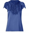 This ruffle-laden top from Steffen Schraut inject glam style into your office-to-evening look - Round neck with ruffle trim, petal-shaped short puff sleeves, bodice with front ruffle details, slim fit, concealed back zip closure - Wear with a pencil skirt, cropped trousers or skinny jeans