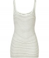 Stylish tank top in fine, Pima cotton and modal blend - Super-soft, ultra-lightweight material is gently ribbed - Chic, black horizontal stripe motif - Fitted style tapers gently at waist - Slim straps and scoop neck - Long, lean silhouette hits below the hips - Wear solo or pair with a long cardigan or blazer and skinny denim, a mini skirt or slim trousers