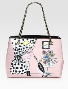 An adorable character is at the center of this silky-smooth printed satin bag, complete with elegant chain top handles. Double chain top handles, 9½ dropMagnetic snap closureOne interior zip compartmentOne inside zip pocketOne inside open pocketFully lined14¼W X 10½H X 5DImported An adorable character is at the center of this silky-smooth printed satin bag, complete with elegant chain top handles. Double chain top handles, 9½ dropMagnetic snap closureOne interior zip compartmentOne inside zip pocketOne inside open pocketFully lined14¼W X 10½H X 5DImported