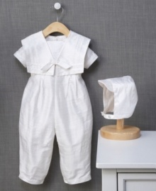 Your baby boy will never have looked more beautiful! This silk Cherish the Moment christening romper and matching bonnet is just perfect for his special day. Your baby boy will never have looked more beautiful! This silk Cherish the Moment christening romper and matching bonnet is just perfect for his special day.