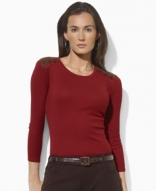 Cut in a relaxed, feminine silhouette, Lauren by Ralph Lauren's supremely soft ribbed cotton top is finished with faux-suede patches and stitching at the shoulders for a chic, rustic vibe. Cut in a relaxed, feminine silhouette, Lauren by Ralph Lauren's supremely soft ribbed cotton top is finished with faux-suede patches and stitching at the shoulders for a chic, rustic vibe.