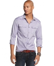You are a solider of style, battle boring button downs with this handsome oxford military shirt by Marc Ecko Cut & Sew. You are a solider of style, battle boring button downs with this handsome oxford military shirt by Marc Ecko Cut & Sew.