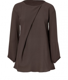 Both elegant and modern, Brunello Cucinellis chocolate silk top is a chic choice for putting a contemporary feminine spin on tailored work looks - Rounded neckline with wrapped front, bracelet-length sleeves, softly gathered cuffs - Loosely fitted, A-line silhouette - Team with sharply tailored trousers and understated elegant accessories