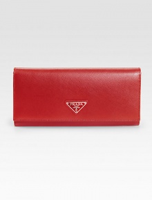 Timeless flap design in neutral hued saffiano calfskin.Snap flap closure Polished steel hardware Enamel triangle logo One outside zip pocket Center coin compartment with zipper Two bill compartments Ten credit card slots Calfskin lining 7W X 4H X 1D Made in Italy Timeless flap design in neutral hued saffiano calfskin.Snap flap closure Polished steel hardware Enamel triangle logo One outside zip pocket Center coin compartment with zipper Two bill compartments Ten credit card slots Calfskin lining 7W X 4H X 1D Made in Italy