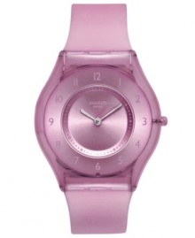 A mesmerizing shade of purple gives this Purple Softness collection Swatch watch a regal appearance. A mesmerizing shade of purple gives this Purple Softness collection Swatch watch a regal appearance.