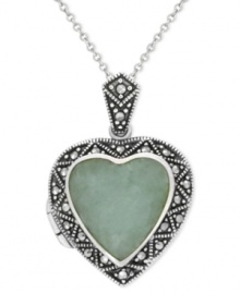 Something you're sure to love. This sterling silver necklace features a jade (6-1/4 ct. t.w.) and marcasite locket that's both stunning and chic. Approximate length: 18 inches. Approximate drop length: 1-1/8 inches. Approximate drop width: 3/4 inch. Jade: 14 x 15 mm. Something you're sure to love. This sterling silver necklace features a jade (6-1/4 ct. t.w.) and marcasite locket that's both stunning and chic. Approximate length: 18 inches. Approximate drop length: 1-1/8 inches. Approximate drop width: 3/4 inch. Jade: 14 x 15 mm.