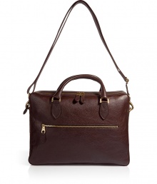 Upgrade your workweek style with this ultra-luxe leather briefcase from British It label Mulberry -Top carrying handles, dual-pockets with top zip closure, adjustable convertible shoulder strap, front zip pocket, textured leather, gold-tone hardware - This is the perfect work carryall thats great for everyday use or travel