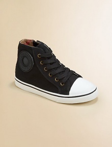 An all-boy basic, Burberry style, in sturdy canvas with an easy-on inside zipper and the embossed Burberry medallion.Lace-up frontSide zipperCotton canvas upperRubber solePadded insoleImported An all-boy basic, Burberry style, in sturdy canvas with an easy-on inside zipper and the embossed Burberry medallion.Lace-up frontSide zipperCotton canvas upperRubber solePadded insoleImported