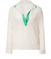 Conjure springtime chic with this relaxed silk blouse from Raoul - Spread collar, V-neck, relaxed silhouette, long sleeves - Style with skinny jeans, a boyfriend blazer, and high heel booties