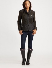 Quilted to perfection, this resin-coated cotton jacket features shoulder and elbow patches and convenient pockets. Corduroy trim along collarShoulder patchesElbow patchesConcealed front zipperSnap closureFlap, patch and welt pocketsAbout 25 from shoulder to hemBody: 90% cotton/10% resinLining: 65% polyester/35% cottonFilling: polyesterMachine washImported Model shown is 5'10 (177cm) wearing US size 4. Quilted to perfection, this resin-coated cotton jacket features shoulder and elbow patches and convenient pockets. Corduroy trim along collarShoulder patchesElbow patchesConcealed front zipperSnap closureFlap, patch and welt pocketsAbout 25 from shoulder to hemBody: 90% cotton/10% resinLining: 65% polyester/35% cottonFilling: polyesterMachine washImported Model shown is 5'10 (177cm) wearing US size 4.