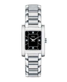 Subtle sophistication - a darling watch from ESQ by Movado. Stainless steel bracelet and rectangular case. Black dial features 4 diamond accent markers at three, six, nine and twelve o'clock, two silver-tone hands and logo. Swiss quartz movement. Water resistant to 30 meters. Two-year limited warranty.