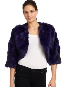 THE LOOKLush pieced rabbit furOpen frontCropped silhouetteThree-quarter length sleevesTHE FITAbout 18 from shoulder to hemTHE MATERIALDyed pieced rabbit furFully linedCARE & ORIGINDry clean by fur specialistImportedFur origin: ChinaModel shown is 5'10 (177cm) wearing US size Small. THE LOOKLush pieced rabbit furOpen frontCropped silhouetteThree-quarter length sleevesTHE FITAbout 18 from shoulder to hemTHE MATERIALDyed pieced rabbit furFully linedCARE & ORIGINDry clean by fur specialistImportedFur origin: ChinaModel shown is 5'10 (177cm) wearing US size Small.