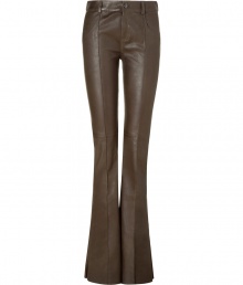 Embody stylish luxe in these ultra-chic flared leather pants from Jitrois - Zip fly and button closure, traditional jean styling, super flared leg, front and back seaming detail on leg - Wear with a tie-neck blouse, a military-inspired jacket, and platform booties Embody stylish luxe in these ultra-chic flared leather pants from Jitrois - Zip fly and button closure, traditional jean styling, super flared leg, front and back seaming detail on leg - Wear with a tie-neck blouse, a military-inspired jacket, and platform booties