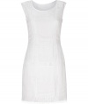 Elegant sheath dress in fine, pure white viscose - Sleeveless style with slim, embroidered lace panels and hem - Round neck, zips at side - Fitted silhouette tapers gently at waist, hits above knee - Sweet and stylish, easily dressed up or down - Pair with peep toe pumps and a clutch or go for a more casual look with flat sandals and a raffia tote