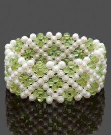 Cuff love. You'll simply flip for this trendy, yet elegant, style. Bracelet combines multiple rows of cultured freshwater pearls (4-5 mm) and stunning peridot beads (60 ct. t.w.). Bracelet stretches to fit wrist. Approximate length: 8 inches.