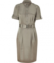 Utilitarian-chic styling gets an ultra feminine remix in Burberry Londons pebble silk sheath, tailored to perfection with soft pleating around the waistline - Small button-down collar, short sleeves with buttoned tabs, epaulettes, partial button-down front, belted waistline, belt loops, kick pleat, tailored fit - Pair with platform pumps and color-pop accessories Utilitarian-chic styling gets an ultra feminine remix in Burberry Londons pebble silk sheath, tailored to perfection with soft pleating around the waistline - Small button-down collar, short sleeves with buttoned tabs, epaulettes, partial button-down front, belted waistline, belt loops, kick pleat, tailored fit - Pair with platform pumps and color-pop accessories