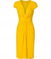 A Sunshiny hue and a figure-hugging drape add instant appeal to this versatile stunner from Issa - Deep V-neckline, cap sleeves, gathered draped waistline, knee-length skirt, concealed back zip closure - Fitted silhouette - Try with platform pumps and a statement clutch