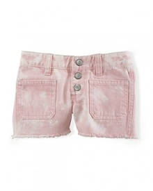 The tie-dyed denim short is finished with allover contrast fading and a cut-off hem for a timeworn look. The tie-dyed denim short is finished with allover contrast fading and a cut-off hem for a timeworn look.