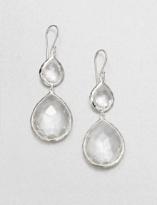 Sparkling, faceted clear quartz stones set in hammered sterling silver in a snowman drop design. Clear quartzSterling silverDrop, about 2.1Hook backImported Sparkling, faceted clear quartz stones set in hammered sterling silver in a snowman drop design. Clear quartzSterling silverDrop, about 2.1Hook backImported