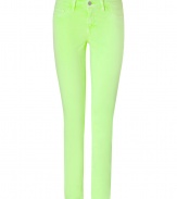 Stylish jean in fine, cotton stretch blend - On-trend in neon yellow - Skinny, medium rise capri cut sits comfortably at hips - Classic five pocket style crops above ankles - Zip fly, belt loops and single button closure - Versatile and chic, great for day or evening - Dress up with an oversize silk blouse and platform pumps, or go for a more casual look with a billowy tunic top and leather sandals