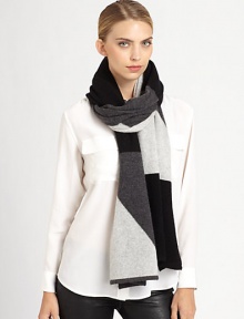 A seasonal essential in luxe cashmere takes on a trend-forward colorblock effect. Cashmere23 X 80Dry cleanImported A seasonal essential in luxe cashmere takes on a trend-forward colorblock effect. Cashmere23 X 80Dry cleanImported