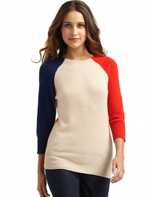 THE LOOKWide crewneckColorblock designThree-quarter length raglan sleevesRibbed neckline, cuffs and hemTHE FITAbout 25 from shoulder to hemTHE MATERIALCashmereCARE & ORIGINDry cleanImportedModel shown is 5'9 (175cm) wearing US size Small. 