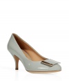 Luxe pumps in fine, supple pale grey patent leather - A ladylike classic that exudes modern chic - Decorative, gold-accented geometric embellishment  at round toe - Sturdy, 2.75 heel - Leather upper, lining and sole - Made in Italy - Polished to perfection, ideal for day or evening - Pair with pencil skirts, wide-leg trousers or cocktail dresses