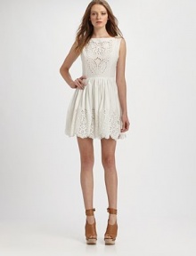 Delicate eyelet is the focus of this utterly feminine frock, crafted from breezy cotton.BoatneckSleevelessBodice dartsSet-in waistGathered skirtScalloped hemConcealed side zipperAbout 19 from shoulder to hemCottonDry cleanImportedModel shown is 5'10 (177cm) wearing US size 4. Delicate eyelet is the focus of this utterly feminine frock, crafted from breezy cotton.BoatneckSleevelessBodice dartsSet-in waistGathered skirtScalloped hemConcealed side zipperAbout 19 from shoulder to hemCottonDry cleanImportedModel shown is 5'10 (177cm) wearing US size 4.