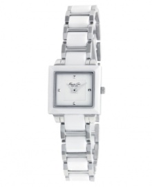 Fresh design by Kenneth Cole New York. Petite watch crafted of white ceramic and stainless steel bracelet and square case with angled bezel. White dial features silver tone pyramid-shaped markers at twelve, three, six and nine o'clock, two hands and logo. Quartz movement. Water resistant to 30 meters. Limited lifetime warranty. Fresh design by Kenneth Cole New York. Petite watch crafted of white ceramic and stainless steel bracelet and square case with angled bezel. White dial features silver tone pyramid-shaped markers at twelve, three, six and nine o'clock, two hands and logo. Quartz movement. Water resistant to 30 meters. Limited lifetime warranty.