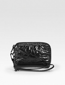 Shiny, laminated lambskin with a crinkle finish, crafted in a travel-ready zip pouch with wristlet strap.Detachable wristlet strap, 6½ dropTop-zip closureOne outside zip pocketOne inside zip pocketCenter compartment with four open slotsFully lined5½W X 4H X 1DImported Shiny, laminated lambskin with a crinkle finish, crafted in a travel-ready zip pouch with wristlet strap.Detachable wristlet strap, 6½ dropTop-zip closureOne outside zip pocketOne inside zip pocketCenter compartment with four open slotsFully lined5½W X 4H X 1DImported
