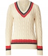 Inject preppy-cool style to your causal look with this chic cricket sweater from Polo Ralph Lauren - V-neck with multicolor stripe, long sleeves, all-over cable knit, slim fit, ribbed sleeves and hem with multi-stripe accent - Wear with skinny jeans, ballet flats, and an oversized satchel